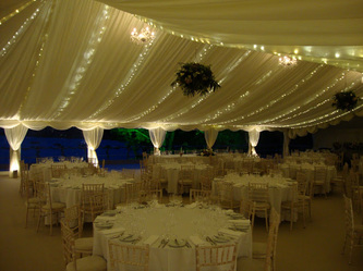 dorset wedding marquee has Fairy light strands and white uplights creating a warm ambience
