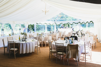 dorset wedding marquee Clear hex end, matting, chandeliers, limewash chairs
