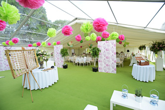 dorset wedding marquee Light green carpet, clear roofs, wall paper boards, pom-poms, paper lanterns
